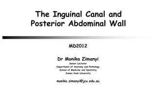 MD2012
Dr Monika Zimanyi
Senior Lecturer
Department of Anatomy and Pathology
School of Medicine and Dentistry
James Cook University
monika.zimanyi@jcu.edu.au
The Inguinal Canal and
Posterior Abdominal Wall
 