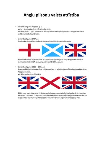 Angļu pilsoņu valsts attīstība
 Savienībaslīgums (kopš16. gs.):
Velsa+ Anglijaskaraliste =Anglijaskaraliste.
Pēc1535.–1542. gada Velsasaktunosacījumiemtātikapilnīgi iekļautaAnglijasKaralistes
sastāvāun sadalīta grāfistēs.
 Savienībaslīgums (1707. g.):
Anglijaskaraliste+Skotijas karaliste =ApvienotāLielbritānijaskaraliste
+ =
ApvienotāLielbritānijaskaraliste tikaizveidota,apvienojotiesūnijāAnglijaskaralistei un
Skotijaskaralistei1707. gadā, unpastāvējalīdz1801. gadam.
 Savienībaslīgums(1800. – 1801. g.):
ApvienotāLielbritānijaskaraliste +Īrijaskaraliste =LielbritānijasunĪrijasApvienotāKaraliste.
Kopīga pārvalde.
Vietējosparlamentuslikvidēja.
+ =
1800. gada savienībasakts – ir dokuments,kasapzīmogojaLielbritānijasKaralistesunĪrijas
Karalistessavienību;kārezultātātikaizveidotaLielbritānijasunĪrijasApvienotāKaraliste.Lai
to paveiktu,100 Īrijasdeputāti saņēmavietasLielbritānijasparlamentaapakšpalātā.
 