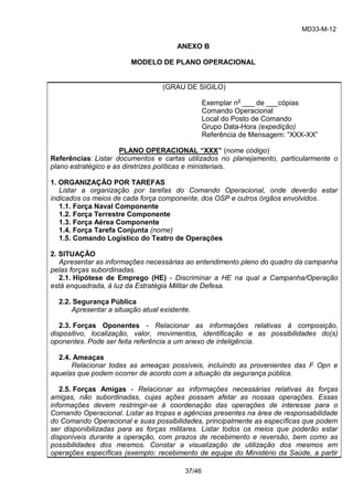 MD33-M-12 
37/46 
ANEXO B 
MODELO DE PLANO OPERACIONAL 
(GRAU DE SIGILO) 
Exemplar no ___ de ___cópias 
Comando Operacional 
Local do Posto de Comando 
Grupo Data-Hora (expedição) 
Referência de Mensagem: “XXX-XX” 
PLANO OPERACIONAL “XXX” (nome código) 
Referências: Listar documentos e cartas utilizados no planejamento, particularmente o plano estratégico e as diretrizes políticas e ministeriais. 
1. ORGANIZAÇÃO POR TAREFAS 
Listar a organização por tarefas do Comando Operacional, onde deverão estar indicados os meios de cada força componente, dos OSP e outros órgãos envolvidos. 
1.1. Força Naval Componente 
1.2. Força Terrestre Componente 
1.3. Força Aérea Componente 
1.4. Força Tarefa Conjunta (nome) 
1.5. Comando Logístico do Teatro de Operações 
2. SITUAÇÃO 
Apresentar as informações necessárias ao entendimento pleno do quadro da campanha pelas forças subordinadas. 
2.1. Hipótese de Emprego (HE) - Discriminar a HE na qual a Campanha/Operação está enquadrada, à luz da Estratégia Militar de Defesa. 
2.2. Segurança Pública 
Apresentar a situação atual existente. 
2.3. Forças Oponentes - Relacionar as informações relativas à composição, dispositivo, localização, valor, movimentos, identificação e as possibilidades do(s) oponentes. Pode ser feita referência a um anexo de inteligência. 
2.4. Ameaças 
Relacionar todas as ameaças possíveis, incluindo as provenientes das F Opn e aquelas que podem ocorrer de acordo com a situação da segurança pública. 
2.5. Forças Amigas - Relacionar as informações necessárias relativas às forças amigas, não subordinadas, cujas ações possam afetar as nossas operações. Essas informações devem restringir-se à coordenação das operações de interesse para o Comando Operacional. Listar as tropas e agências presentes na área de responsabilidade do Comando Operacional e suas possibilidades, principalmente as específicas que podem ser disponibilizadas para as forças militares. Listar todos os meios que poderão estar disponíveis durante a operação, com prazos de recebimento e reversão, bem como as possibilidades dos mesmos. Constar a visualização de utilização dos mesmos em operações específicas (exemplo: recebimento de equipe do Ministério da Saúde, a partir  