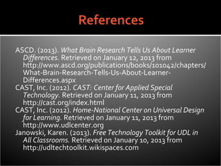 ASCD. (2013). What Brain Research Tells Us About Learner
  Differences. Retrieved on January 12, 2013 from
  http://www.ascd.org/publications/books/101042/chapters/
  What-Brain-Research-Tells-Us-About-Learner-
  Differences.aspx
CAST, Inc. (2012). CAST: Center for Applied Special
  Technology. Retrieved on January 11, 2013 from
  http://cast.org/index.html
CAST, Inc. (2012). Home-National Center on Universal Design
  for Learning. Retrieved on January 11, 2013 from
  http://www.udlcenter.org
Janowski, Karen. (2013). Free Technology Toolkit for UDL in
  All Classrooms. Retrieved on January 10, 2013 from
  http://udltechtoolkit.wikispaces.com
 