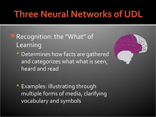  Recognition: the “What” of
 Learning
  Determines how facts are gathered
   and categorizes what what is seen,
   heard and read

  Examples: illustrating through
   multiple forms of media, clarifying
   vocabulary and symbols
 