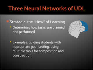  Strategic: the “How” of Learning
  Determines how tasks are planned
   and performed

  Examples: guiding students with
   appropriate goal-setting, using
   multiple tools for composition and
   construction
 