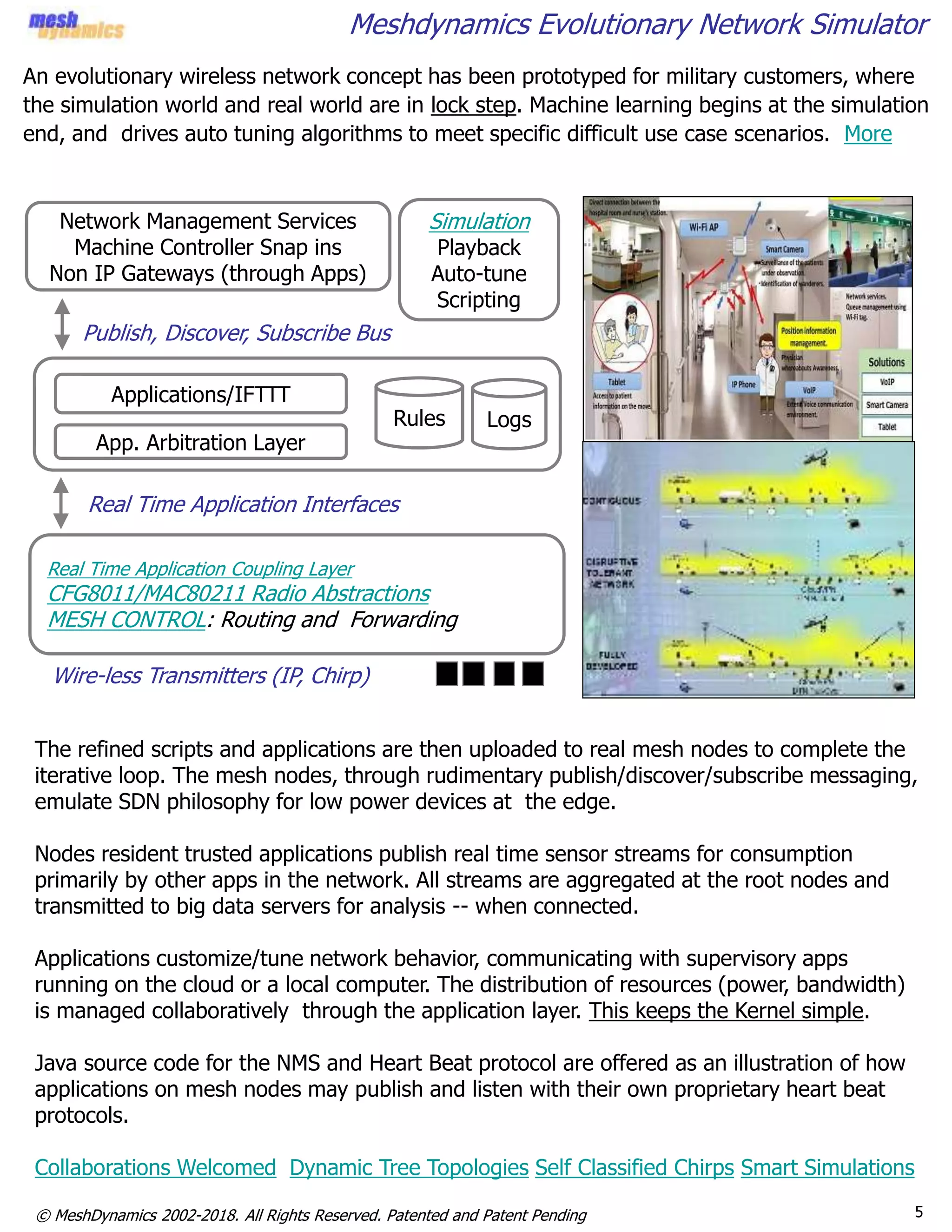 5© MeshDynamics 2002-2018. All Rights Reserved. Patented and Patent Pending
An evolutionary wireless network concept has been prototyped for military customers, where
the simulation world and real world are in lock step. Machine learning begins at the simulation
end, and drives auto tuning algorithms to meet specific difficult use case scenarios. More
Meshdynamics Evolutionary Network Simulator
Simulation
Playback
Auto-tune
Scripting
Network Management Services
Machine Controller Snap ins
Non IP Gateways (through Apps)
Real Time Application Coupling Layer
CFG8011/MAC80211 Radio Abstractions
MESH CONTROL: Routing and Forwarding
LogsRules
App. Arbitration Layer
Applications/IFTTT
Wire-less Transmitters (IP, Chirp)
Publish, Discover, Subscribe Bus
Real Time Application Interfaces
The refined scripts and applications are then uploaded to real mesh nodes to complete the
iterative loop. The mesh nodes, through rudimentary publish/discover/subscribe messaging,
emulate SDN philosophy for low power devices at the edge.
Nodes resident trusted applications publish real time sensor streams for consumption
primarily by other apps in the network. All streams are aggregated at the root nodes and
transmitted to big data servers for analysis -- when connected.
Applications customize/tune network behavior, communicating with supervisory apps
running on the cloud or a local computer. The distribution of resources (power, bandwidth)
is managed collaboratively through the application layer. This keeps the Kernel simple.
Java source code for the NMS and Heart Beat protocol are offered as an illustration of how
applications on mesh nodes may publish and listen with their own proprietary heart beat
protocols.
Collaborations Welcomed Dynamic Tree Topologies Self Classified Chirps Smart Simulations
 
