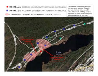 MD4452-AAIA ROOT NODE (ONE UPLINK, TWO DOWNLINKS, ONE AP RADIO)   The root node will have two downlinks
                                                                  each with sector antennas. This will
                                                                  give each “section” of the mesh 22
MD4350-AAIA RELAY NODE (ONE UPLINK, ONE DOWNLINK, ONE AP RADIO)
                                                                  Mbps of bandwidth (44 Mbps total) as
                                                                  opposed to the whole mesh sharing only
RADIATION SPREAD OF ROOT NODE’S DOWNLINKS (SECTOR ANTENNAS)
                                                                  one downlink from the root node).




             Superpass model
                SPD6NE




                                               Superpass model
                                                   SPDN6F




                                                                                                       22
 
