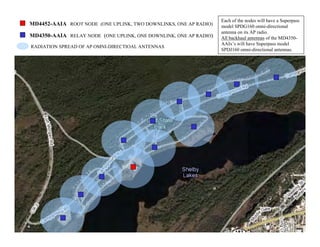 Each of the nodes will have a Superpass
MD4452-AAIA ROOT NODE (ONE UPLINK, TWO DOWNLINKS, ONE AP RADIO)   model SPDG160 omni-directional
                                                                  antenna on its AP radio.
MD4350-AAIA RELAY NODE (ONE UPLINK, ONE DOWNLINK, ONE AP RADIO)   All backhaul antennas of the MD4350-
                                                                  AAIx’s will have Superpass model
RADIATION SPREAD OF AP OMNI-DIRECTIOAL ANTENNAS
                                                                  SPDJ160 omni-directional antennas.




                                                                                                        23
 