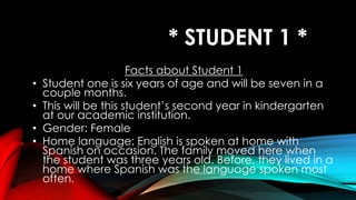* STUDENT 1 *
Facts about Student 1
• Student one is six years of age and will be seven in a
couple months.
• This will be this student’s second year in kindergarten
at our academic institution.
• Gender: Female
• Home language: English is spoken at home with
Spanish on occasion. The family moved here when
the student was three years old. Before, they lived in a
home where Spanish was the language spoken most
often.
 