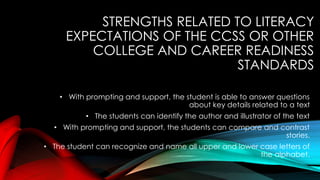 STRENGTHS RELATED TO LITERACY
EXPECTATIONS OF THE CCSS OR OTHER
COLLEGE AND CAREER READINESS
STANDARDS
• With prompting and support, the student is able to answer questions
about key details related to a text
• The students can identify the author and illustrator of the text
• With prompting and support, the students can compare and contrast
stories.
• The student can recognize and name all upper and lower case letters of
the alphabet.
 