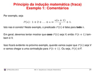 Princípio da indução matemática (fraca)
Exemplo 1: Comentários
Por exemplo, seja
P(n) : 1 + 2 + . . . + n =
n(n + 1)
2
+ 1.
Isto nao é correto! Neste exemplo, o predicado P(k) é falso para todo k.
Em geral, devemos tentar mostrar que caso P(k) seja V, então P(k + 1) tam-
bem é V.
Isso ﬁcará evidente no próximo exemplo, quando vamos supor que P(k) seja V
e vamos chegar a uma contradição para P(k + 1). Ou seja, P(k) é F.
UFMG/ICEx/DCC MD
·Sequeˆncias e Induc¸a˜o Matema´tica 21
 