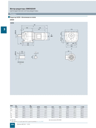 3/84 Siemens MD 50.1 · 2015
Мотор-редукторы SIMOGEAR
Цилиндрические мотор-редукторы
Размеры
3
■Редуктор D/Z39 - Исполнение на лапах
DZ030
Двиг. LA LE
63M 71M 80M 80ZM 90S/L 90ZL 100L 100ZL 112M 112ZM
AC 117,8 138,8 156,3 156,3 173,8 173,8 198,0 198,0 222,0 222,0
AD1)
124,0 134,0 149,2 149,2 154,2 154,2 170,5 170,5 181,5 181,5
k 342,0 374,0 438,0 473,0 499,5 539,5 556,0 591,0 566,0 591,0
kB 386,5 429,0 498,0 533,0 569,5 609,5 634,5 669,5 639,0 664,0
LB 194,0 226,0 290,0 325,0 351,5 391,5 408,0 443,0 418,0 443,0
LBL 238,5 281,0 350,0 385,0 421,5 461,5 486,5 521,5 491,0 516,0
( DIN 332 ) Шпонка/паз DIN 6885
1) AD зависит от опций двигателя, другие размеры см. стр. 8/42.
 