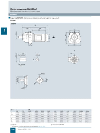 3/96 Siemens MD 50.1 · 2015
Мотор-редукторы SIMOGEAR
Цилиндрические мотор-редукторы
Размеры
3
■Редуктор DZ/ZZ69 - Исполнение с окружностью отверстий под резьбу
DZZ030
Двиг. LA LE
63M 71M 80M 80ZM 90S/L 90ZL 100L 100ZL 112M 112ZM 132S/M 132ZM
AC 117,8 138,8 156,3 156,3 173,8 173,8 198,0 198,0 222,0 222,0 264,0 264,0
AD1)
124,0 134,0 149,2 149,2 154,2 154,2 170,5 170,5 181,5 181,5 207,0 207,0
k 388,5 420,5 484,5 519,5 546,0 586,0 602,5 637,5 612,5 647,0 665,5 715,5
kB 433,0 475,5 544,5 579,5 616,0 656,0 681,0 716,0 685,5 720,0 770,0 820,0
LB 184,5 216,5 280,5 315,5 342,0 382,0 398,5 433,5 408,5 443,0 461,5 511,5
LBL 229,0 271,5 340,5 375,5 412,0 452,0 477,0 512,0 481,5 516,0 566,0 616,0
( DIN 332 ) Шпонка/паз DIN 6885
1) AD зависит от опций двигателя, другие размеры см. стр. 8/42.
 