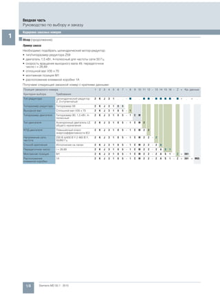 1/8 Siemens MD 50.1 · 2015
Вводная часть
Руководство по выбору и заказу
Кодировка заказных номеров
1 ■Обзор (продолжение)
Пример заказа
Необходимо подобрать цилиндрический мотор-редуктор:
• тип/типоразмер редуктора Z59
• двигатель 1,5 кВт, 4-полюсный для частоты сети 50 Гц
• скорость вращения выходного вала 49, передаточное
число i = 28,89
• сплошной вал V35 x 70
• монтажная позиция M1
• расположение клеммной коробки 1A
Получаем следующий заказной номер с краткими данными:
Позиция заказного номера 1 2 3 4 5 6 7 - 8 9 10 11 12 - 13 14 15 16 - Z + Кр. данные
Критерии выбора Требования
Тип редуктора Цилиндрический редуктор
Z, 2-ступенчатый
2 K J 3 1 . . - 7 . . 7 7 - 7 7 7 7 - 7 + . + .
Типоразмер редуктора Типоразмер 59 2 K J 3 1 0 5
Выходной вал Сплошной вал V35 x 70 2 K J 3 1 0 5 - 1
Типоразмер двигателя Типоразмер 90; 1,5 кВт; 4-
полюсный
2 K J 3 1 0 5 - 1 E M
Тип двигателя Асинхронный двигатель LE
общего назначения
2 K J 3 1 0 5 - 1 E M 2
КПД двигателя Повышенный класс
энергоэффективности IE2
2 K J 3 1 0 5 - 1 E M 2 2
Напряжение сети,
частота
230 В /400 В Y // 460 В Y,
50//60 Гц
2 K J 3 1 0 5 - 1 E M 2 2 - 2
Способ крепления Исполнение на лапах 2 K J 3 1 0 5 - 1 E M 2 2 - 2 A
Передаточное число i = 28,89 2 K J 3 1 0 5 - 1 E M 2 2 - 2 A S 1
Монтажная позиция M1 2 K J 3 1 0 5 - 1 E M 2 2 - 2 A S 1 - Z + D01
Расположение
клеммной коробки
1A 2 K J 3 1 0 5 - 1 E M 2 2 - 2 A S 1 - Z + D01 + M55
 