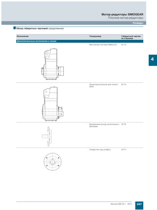 4/67Siemens MD 50.1 · 2015
Мотор-редукторы SIMOGEAR
Плоские мотор-редукторы
Размеры
4
■Обзор габаритных чертежей (продолжение)
Исполнение Типоразмер Габаритный чертеж
на странице
Дополнительные исполнения и опции
Монтажная система SIMOLOC 4/112
Защитный колпачок для полого
вала
4/114
Внутренний контур исполнения с
фланцем
4/115
Отверстия под штифты 4/117
 