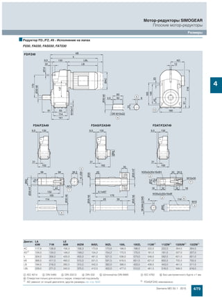 4/79Siemens MD 50.1 · 2015
Мотор-редукторы SIMOGEAR
Плоские мотор-редукторы
Размеры
4
■Редуктор FD../FZ..49 - Исполнение на лапах
F030, FA030, FAS030, FAT030
Двигат. LA LE
63M 71M 80M 80ZM 90S/L 90ZL 100L 100ZL 112M2)
112ZM2)
132S/M2)
132ZM2)
AC 117,8 138,8 156,3 156,3 173,8 173,8 198,0 198,0 222,0 222,0 264,0 264,0
AD1) 124,0 134,0 149,2 149,2 154,2 154,2 170,5 170,5 181,5 181,5 207,0 207,0
k 324,0 356,0 420,0 455,0 481,5 521,5 538,0 573,0 548,0 582,5 601,0 651,0
kB 368,5 411,0 480,0 515,0 551,5 591,5 616,5 651,5 621,0 655,5 705,5 755,5
LB 184,5 216,5 280,5 315,5 342,0 382,0 398,5 433,5 408,5 443,0 461,5 511,5
LBL 229,0 271,5 340,5 375,5 412,0 452,0 477,0 512,0 481,5 516,0 566,0 616,0
$ ISO 4014 % DIN 5480 & DIN 332-D ( DIN 332 ) Шпонка/паз DIN 6885 + ISO 4762 , Без центровочного бурта +1 мм
/ Отверстия только для исполн.с окруж. отверстий под резьбу
1) AD зависит от опций двигателя, другие размеры см. стр. 8/42. 2) FDAS/FZAS невозможно
 