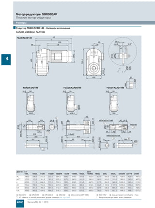 4/100 Siemens MD 50.1 · 2015
Мотор-редукторы SIMOGEAR
Плоские мотор-редукторы
Размеры
4
■Редуктор FDAD./FZAD.149 - Насадное исполнение
FAD030, FADS030, FADT030
Двигат. LE LES
100L 100ZL 112M 112ZM 132S/M 132ZM 160M/L 160ZL 180M/L 180ZL 200L 200ZL 225S/M 225YM 250M
AC 198,0 198,0 222,0 222,0 264,0 264,0 318,0 318,0 352,5 352,5 392,5 392,5 439,0 439,0 487,0
AD1)
170,5 170,5 181,5 181,5 207,0 207,0 241,0 241,0 292,0 292,0 315,0 315,0 382,0 382,0 457,5
k 676,5 711,5 686,5 711,5 732,5 782,5 814,5 874,5 887,5 917,5 955,5 980,5 1 000,5 1 060,5 1 112,0
kB 755,0 790,0 759,5 784,5 837,0 887,0 930,5 990,5 1 016,5 1 046,5 1 102,5 1 127,5 1 229,0 1 289,0 1 337,0
LB 356,0 391,0 366,0 391,0 412,0 462,0 494,0 554,0 567,0 597,0 635,0 660,0 680,5 740,5 792,0
LBL 434,5 469,5 439,0 464,0 516,5 566,5 610,0 670,0 696,0 726,0 782,0 807,0 908,5 968,5 1 017,0
$ ISO 4014 % DIN 5480 & DIN 332-D ( DIN 332 ) Шпонка/паз DIN 6885 + ISO 4762 , Без центровочного бурта +1 мм
1) AD зависит от опций двигателя, другие размеры см. стр. 8/42. * Амортизация при макс. вращ. моменте
 