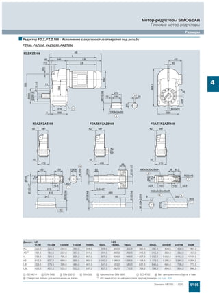 4/105Siemens MD 50.1 · 2015
Мотор-редукторы SIMOGEAR
Плоские мотор-редукторы
Размеры
4
■Редуктор FD.Z./FZ.Z.169 - Исполнение с окружностью отверстий под резьбу
FZ030, FAZ030, FAZS030, FAZT030
Двигат. LE LES
112M 112ZM 132S/M 132ZM 160M/L 160ZL 180M/L 180ZL 200L 200ZL 225S/M 225YM 250M
AC 222,0 222,0 264,0 264,0 318,0 318,0 352,5 352,5 392,5 392,5 439,0 439,0 487,0
AD1)
181,5 181,5 207,0 207,0 241,0 241,0 292,0 292,0 315,0 315,0 382,0 382,0 457,0
k 739,5 764,5 785,0 835,0 867,0 927,0 939,5 969,5 1 007,5 1 032,5 1 052,5 1 112,0 1 159,5
kB 812,5 837,5 889,5 939,5 983,0 1 043,0 1 068,5 1 098,5 1 154,5 1 179,5 1 280,0 1 340,0 1 384,5
LB 353,5 378,5 399,0 449,0 481,0 541,0 553,5 583,0 621,5 646,5 666,0 726,0 773,5
LBL 426,5 451,5 503,5 553,5 597,0 657,0 682,5 712,5 768,5 793,5 894,0 954,0 998,5
$ ISO 4014 % DIN 5480 & DIN 332-D ( DIN 332 ) Шпонка/паз DIN 6885 + ISO 4762 , Без центровочного бурта +1 мм
/ Отверстия только для исполнения на лапах 1) AD зависит от опций двигателя, другие размеры см. стр. 8/42
 
