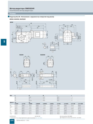 5/76 Siemens MD 50.1 · 2015
Мотор-редукторы SIMOGEAR
Конические мотор-редукторы
Размеры
5
■Редуктор B.Z.39 - Исполнение с окружностью отверстий под резьбу
BZ030, BAZ030, BAZS030
Вал d l9 M t u
30 32,6 M10 33,3 8
35 37 M12 38,3 10
40 47,75 M16 43,3 12
Двигат. LA LE
LA63M LA71M LE80M LE80ZM LE90S/L LE90ZL LE100L LE100ZL LE112M LE112ZM
AC 117,8 138,8 156,3 156,3 173,8 173,8 198,0 198,0 222,0 222,0
AD1)
124,0 134,0 149,2 149,2 154,2 154,2 170,5 170,5 181,5 181,5
k 422,0 454,0 518,0 553,0 579,5 619,5 636,0 671,0 646,0 671,0
kB 466,5 509,0 578,0 613,0 649,5 689,5 714,5 749,5 719,0 744,0
LB 194,0 226,0 290,0 325,0 351,5 391,5 408,0 443,0 418,0 443,0
LBL 238,5 281,0 350,0 385,0 421,5 461,5 486,5 521,5 491,0 516,0
$ ISO 4014 ( DIN 332 ) Шпонка/паз DIN 6885
1)
AD зависит от опций двигателя, другие размеры см. стр. 8/42. / Отверстия только для исполн. на лапах
 