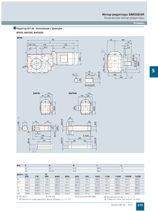 5/79Siemens MD 50.1 · 2015
Мотор-редукторы SIMOGEAR
Конические мотор-редукторы
Размеры
5
■Редуктор B.F.49 - Исполнение с фланцем
BF030, BAF030, BAFS030
Вал d l9 M t u
35 57 M12 38,3 10
40 67,75 M16 43,3 12
Двигат. LA LE
63M 71M 80M 80ZM 90S/L 90ZL 100L 100ZL 112M 112ZM 132S/M 132ZM
AC 117,8 138,8 156,3 156,3 173,8 173,8 198,0 198,0 222,0 222,0 264,0 264,0
AD1)
124,0 134,0 149,2 149,2 154,2 154,2 170,5 170,5 181,5 181,5 207,0 207,0
k 463,5 495,5 559,5 594,5 621,0 661,0 677,5 712,5 687,5 722,0 740,5 790,5
kB 508,0 550,5 619,5 654,5 691,0 731,0 756,0 791,0 760,5 795,0 845,0 895,0
LB 184,5 216,5 280,5 315,5 342,0 382,0 398,5 433,5 408,5 443,0 461,5 511,5
LBL 229,0 271,5 340,5 375,5 412,0 452,0 477,0 512,0 481,5 516,0 566,0 616,0
$ ISO 4014 ( DIN 332 ) Шпонка/паз DIN 6885 . Внутренний контур см. стр. 5/125
1)
AD зависит от опций двигателя, другие размеры см. стр. 8/42. / Отверстия только для исполн. на лапах
 