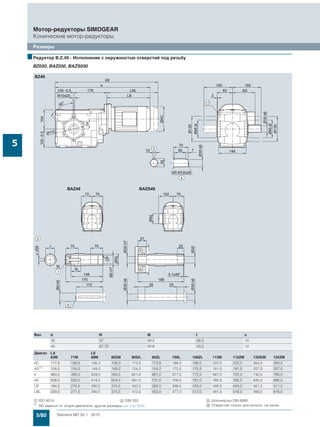 5/80 Siemens MD 50.1 · 2015
Мотор-редукторы SIMOGEAR
Конические мотор-редукторы
Размеры
5
■Редуктор B.Z.49 - Исполнение с окружностью отверстий под резьбу
BZ030, BAZ030, BAZS030
Вал d l9 M t u
35 57 M12 38,3 10
40 67,75 M16 43,3 12
Двигат. LA LE
63M 71M 80M 80ZM 90S/L 90ZL 100L 100ZL 112M 112ZM 132S/M 132ZM
AC 117,8 138,8 156,3 156,3 173,8 173,8 198,0 198,0 222,0 222,0 264,0 264,0
AD1)
124,0 134,0 149,2 149,2 154,2 154,2 170,5 170,5 181,5 181,5 207,0 207,0
k 463,5 495,5 559,5 594,5 621,0 661,0 677,5 712,5 687,5 722,0 740,5 790,5
kB 508,0 550,5 619,5 654,5 691,0 731,0 756,0 791,0 760,5 795,0 845,0 895,0
LB 184,5 216,5 280,5 315,5 342,0 382,0 398,5 433,5 408,5 443,0 461,5 511,5
LBL 229,0 271,5 340,5 375,5 412,0 452,0 477,0 512,0 481,5 516,0 566,0 616,0
$ ISO 4014 ( DIN 332 ) Шпонка/паз DIN 6885
1)
AD зависит от опций двигателя, другие размеры см. стр. 8/42. / Отверстия только для исполн. на лапах
 