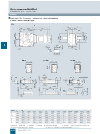 5/100 Siemens MD 50.1 · 2015
Мотор-редукторы SIMOGEAR
Конические мотор-редукторы
Размеры
5
■Редуктор K.Z.89 - Исполнение с окружностью отверстий под резьбу
KZ030, KAZ030, KAZS030, KAZT030
Двигат. LA LE
71M 80M 80ZM 90S/L 90ZL 100L 100ZL 112M 112ZM 132S/M 132ZM 160M/L 160ZL
AC 138,8 156,3 156,3 173,8 173,8 198,0 198,0 222,0 222,0 264,0 264,0 318,0 318,0
AD1)
134,0 149,2 149,2 154,2 154,2 170,5 170,5 181,5 181,5 207,0 207,0 241,0 241,0
k 538,0 598,0 633,0 659,5 699,5 716,0 751,0 726,0 751,0 779,0 829,0 861,0 921,0
kB 593,0 658,0 693,0 729,5 769,5 794,5 829,5 799,0 824,0 883,5 933,5 977,0 1 037,0
LB 214,5 274,5 309,5 336,0 376,0 392,5 427,5 402,5 427,5 455,5 505,5 537,5 597,5
LBL 269,5 334,5 369,5 406,0 446,0 471,0 506,0 475,5 500,5 560,0 610,0 653,5 713,5
$ ISO 4014 % DIN 5480 & DIN 332-D ( DIN 332 ) Шпонка/паз DIN 6885 + ISO 4762 , Без центровочного бурта +1 мм
/ Отверстия только для исполн. на лапах 1) AD зависит от опций двигателя, другие размеры см. стр. 8/42.
 