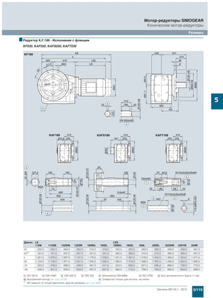 5/119Siemens MD 50.1 · 2015
Мотор-редукторы SIMOGEAR
Конические мотор-редукторы
Размеры
5
■Редуктор K.F.189 - Исполнение с фланцем
KF030, KAF030, KAFS030, KAFT030
Двигат. LE LES
112M 112ZM 132S/M 132ZM 160M/L 160ZL 180M/L 180ZL 200L 200ZL 225S/M 225YM 250M
AC 222,0 222,0 264,0 264,0 318,0 318,0 352,5 352,5 392,5 392,5 439,0 439,0 487,0
AD1) 181,5 181,5 207,0 207,0 241,0 241,0 292,0 292,0 315,0 315,0 382,0 382,0 457,5
k 1 051,5 1 076,5 1 097,0 1 147,0 1 179,0 1 239,0 1 251,5 1 281,5 1 319,5 1 344,5 1 364,0 1 424,0 1 471,5
kB 1 124,5 1 149,5 1 201,5 1 251,5 1 295,0 1 355,0 1 380,5 1 410,5 1 466,5 1 491,5 1 592,0 1 652,0 1 696,5
LB 353,5 378,5 399,0 449,0 481,0 541,0 553,5 583,5 621,5 646,5 666,0 726,0 773,5
LBL 426,5 451,5 503,5 553,5 597,0 657,0 682,5 712,5 768,5 793,5 894,0 954,0 998,5
$ ISO 4014 % DIN 5480 & DIN 332-D ( DIN 332 ) Шпонка/паз DIN 6885 + ISO 4762 , Без центровочного бурта +1 мм
. Внутренний контур см. стр. 5/125 / Отверстия только для исполн. на лапах
1) AD зависит от опций двигателя, другие размеры см. стр. 8/42.
 