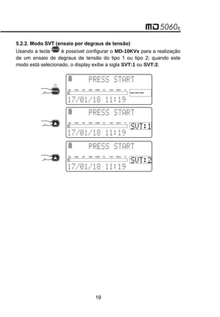 5.2.2. Modo SVT (ensaio por degraus de tensão)
Usando a tecla é possível configurar o MD-10KVx para a realização
de um ensaio de degraus de tensão do tipo 1 ou tipo 2; quando este
modo está selecionado, o display exibe a sigla SVT:1 ou SVT:2.
 
 
10k 100k 1M 10M 100M 1G 10G 100G 1T
 

 
10k 100k 1M 10M 100M 1G 10G 100G 1T
 

 
10k 100k 1M 10M 100M 1G 10G 100G 1T
19
 