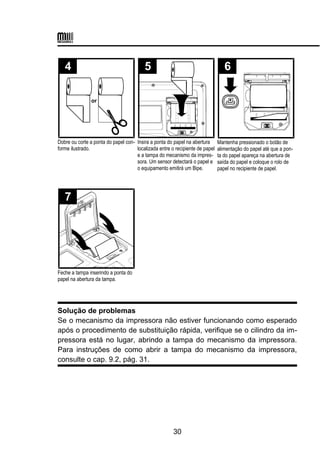 Dobre ou corte a ponta do papel con-
forme ilustrado.
Insira a ponta do papel na abertura
localizada entre o recipiente de papel
e a tampa do mecanismo da impres-
sora. Um sensor detectará o papel e
o equipamento emitirá um Bipe.
Mantenha pressionado o botão de
alimentação do papel até que a pon-
ta do papel apareça na abertura de
saída do papel e coloque o rolo de
papel no recipiente de papel.
Feche a tampa inserindo a ponta do
papel na abertura da tampa.
Solução de problemas
Se o mecanismo da impressora não estiver funcionando como esperado
após o procedimento de substituição rápida, verifique se o cilindro da im-
pressora está no lugar, abrindo a tampa do mecanismo da impressora.
Para instruções de como abrir a tampa do mecanismo da impressora,
consulte o cap. 9.2, pág. 31.
30
 