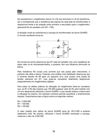 Se conectarmos o megôhmetro (borne Vt e R) aos terminais A e B do transforma-
dor e considerando que a resistência das espiras de cada lado do transformador é
desprezível frente à de isolação entre primário e secundário para o megôhmetro,
aparecerá Rx em paralelo com (R1 + R2).
A situação muda se conectarmos a carcaça do transformador ao borne GUARD.
O circuito resultante torna-se:
A
Guard
+R
Rx
-V
i
Ri
R2
R1
Vt
No circuito da acima observa-se que R1 está em paralelo com uma resistência de
baixo valor (a do microamperímetro), e portanto, tem sua influência diminuída na
leitura.
Pela resistência R2 circula uma corrente que não passa pelo instrumento, e
portanto não afeta a leitura. Fazendo uma análise mais detalhado observa-se que
a corrente através de R2 gera um pequeno erro, pois produz uma queda de
tensão adicional em R1, mas pode-se considerar totalmente desprezível,
(especialmente em megôhmetros digitais)
Para todos os efeitos práticos de utilização do megôhmetro deve-se considerar
que, se R1 e R2 são maiores que 100 MΩ,qualquer valor de Rx será medido com
um erro desprezível utilizando o borne GUARD, o que resulta realizar a leitura sem
a utilização do mesmo. Um exemplo numérico permite quantificar o anteriormente
exposto. Suponhamos para a figura acima os seguintes valores:
Rx = 3.000 MΩ
R1 = 100 MΩ
R2 = 100 MΩ
O valor medido sem utilizar do borne GUARD seria de 187,5 MΩ e portanto
totalmente inútil. No entanto, utilizando o borne GUARD conectado a carcaça,
mede-se o valor de 3.000 MΩ.
36
 