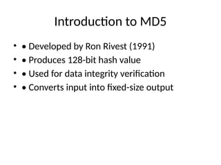 Comprehensive Overview of MD5 Hashing Algorithm in Cryptography | PPTX