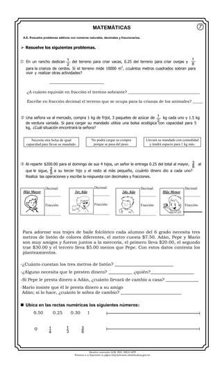 Derechos reservados GOB. EDO. SEECH MTP
Ponemos a su disposición la página http//primarias.cetechihuahua.gob.mx
MATEMÁTICAS
 Resuelve los siguientes problemas.
 En un rancho dedican del terreno para criar vacas, 0.25 del terreno para criar ovejas y
para la crianza de cerdos. Si el terreno mide 10000 m2
, ¿cuántos metros cuadrados sobran para
vivir y realizar otras actividades?
_________________________
¿A cuánto equivale en fracción el terreno sobrante? ____________________________________
Escribe en fracción decimal el terreno que se ocupa para la crianza de los animales? _____
 Una señora va al mercado, compra 1 kg de frijol, 3 paquetes de azúcar de kg cada uno y 1.5 kg
de verdura variada. Si para cargar su mandado utiliza una bolsa ecológica con capacidad para 5
kg, ¿Cuál situación encontrará la señora?
 Al repartir $200.00 para el domingo de sus 4 hijos, un señor le entrega 0.25 del total al mayor, al
que le sigue, a su tercer hijo y el resto al más pequeño, ¿cuánto dinero dio a cada uno?
Realiza las operaciones y escribe la respuesta con decimales y fracciones.
Para adornar sus trajes de baile folclórico cada alumno del 6 grado necesita tres
metros de listón de colores diferentes, el metro cuesta $7.50. Adán, Pepe y Mario
son muy amigos y fueron juntos a la mercería, el primero lleva $20.00, el segundo
trae $30.00 y el tercero lleva $5.00 menos que Pepe. Con estos datos contesta los
planteamientos.
-¿Cuánto cuestan los tres metros de listón? ___________________________
-¿Alguno necesita que le presten dinero? ___________ ¿quién?____________________
-Si Pepe le presta dinero a Adán, ¿cuánto llevará de cambio a casa? _______________
-Mario insiste que él le presta dinero a su amigo
Adán; si lo hace, ¿cuánto le sobra de cambio? ____________________________
 Ubica en las rectas numéricas los siguientes números:
0.50 0.25 0.30 1
0
⑦
A.E. Resuelve problemas aditivos con números naturales, decimales y fraccionarios.
Necesita otra bolsa de igual
capacidad para llevar su mandado.
No podrá cargar su compra
porque se pasa del peso.
Llevará su mandado con comodidad
y tendrá espacio para 1 kg más.
Hijo Mayor 3er. hijo
Decimal:
_________
Fracción:
_________
Decimal:
_________
Fracción:
_________
2do. hijo
Decimal:
_________
Fracción:
_________
Hijo Menor
Decimal:
_________
Fracción:
1__
2
1__
8
1__
2
3
8
2
8
1
4
1
3
3
6
 