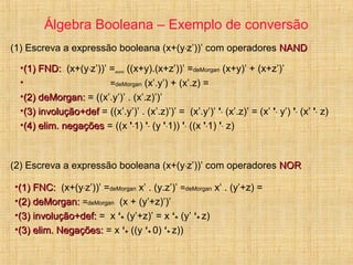 Álgebra Booleana – Exemplo de conversão
(1) Escreva a expressão booleana (x+(y·z’))’ com operadores NANDNAND
•(1) FND:(1) FND: (x+(y·z’))’ =distrib ((x+y).(x+z’))’ =deMorgan (x+y)’ + (x+z’)’
• =deMorgan (x’.y’) + (x’.z) =
•(2) deMorgan:(2) deMorgan: = (= ((x’.y’)’ . (x’.z)’)’
•(3) involução+def(3) involução+def = (((x’.y’)’ . (x’.z)’)’ = (x’.y’)’ '· (x’.z)’ = (x’ '· y’) '· (x’ '· z)
•(4) elim. negações(4) elim. negações = ((x '·1) '· (y '·1)) '· ((x '·1) '· z)
(2) Escreva a expressão booleana (x+(y·z’))’ com operadores NORNOR
•(1) FNC:(1) FNC: (x+(y·z’))’ =deMorgan x’ . (y.z’)’ =deMorgan x’ . (y’+z) =
•(2) deMorgan:(2) deMorgan: =deMorgan (x + (y’+z)’)’
•(3) involução+def:(3) involução+def: = x ‘+ (y’+z)’ = x ‘+ (y’ ‘+ z)
•(3) elim. Negações:(3) elim. Negações: = x ‘+ ((y ‘+ 0) ‘+ z))
 