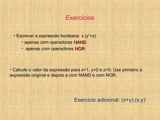 Exercícios
• Escrever a expressão booleana x.(y’+z)
• apenas com operadores NANDNAND
• apenas com operadores NORNOR
• Calcule o valor da expressão para x=1, y=0 e z=0. Use primeiro a
expressão original e depois a com NAND e com NOR.
Exercício adicional: (x+y).(x.y)’
 