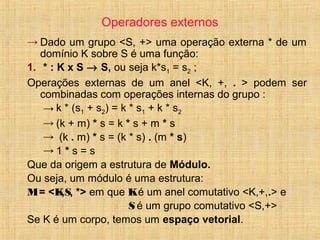 Operadores externos
→ Dado um grupo <S, +> uma operação externa * de um
domínio K sobre S é uma função:
1. * : K x S → S, ou seja k*s1 = s2 ;
Operações externas de um anel <K, +, . > podem ser
combinadas com operações internas do grupo :
→ k * (s1 + s2) = k * s1 + k * s2
→ (k + m) * s = k * s + m * s
→ (k . m) * s = (k * s) . (m * s)
→ 1 * s = s
Que da origem a estrutura de Módulo.
Ou seja, um módulo é uma estrutura:
M= <K,S, *> em que Ké um anel comutativo <K,+,.> e
S é um grupo comutativo <S,+>
Se K é um corpo, temos um espaço vetorial.
 