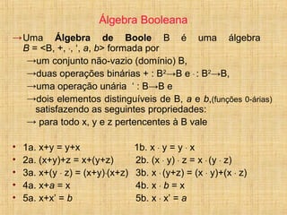 Álgebra Booleana
→Uma Álgebra de Boole B é uma álgebra
B = <B, +, ·, ‘, a, b> formada por
→um conjunto não-vazio (domínio) B,
→duas operações binárias + : B2
→B e · : B2
→B,
→uma operação unária ‘ : B→B e
→dois elementos distinguíveis de B, a e b,(funções 0-árias)
satisfazendo as seguintes propriedades:
→ para todo x, y e z pertencentes à B vale
• 1a. x+y = y+x 1b. x · y = y · x
• 2a. (x+y)+z = x+(y+z) 2b. (x · y) · z = x · (y · z)
• 3a. x+(y · z) = (x+y)·(x+z) 3b. x · (y+z) = (x · y)+(x · z)
• 4a. x+a = x 4b. x · b = x
• 5a. x+x’ = b 5b. x · x’ = a
 