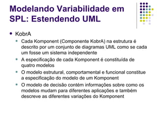 Modelando Variabilidade em SPL: Estendendo UML KobrA Cada Komponent (Componente KobrA) na estrutura é descrito por um conjunto de diagramas UML como se cada um fosse um sistema independente A especificação de cada Komponent é constituída de quatro modelos O modelo estrutural, comportamental e funcional constitue a especificação do modelo de um Komponent O modelo de decisão contém informações sobre como os modelos mudam para diferentes aplicações e também descreve as diferentes variações do Komponent 