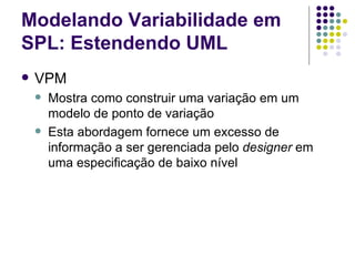 Modelando Variabilidade em SPL: Estendendo UML VPM Mostra como construir uma variação em um modelo de ponto de variação Esta abordagem fornece um excesso de informação a ser gerenciada pelo  designer  em uma especificação de baixo nível 