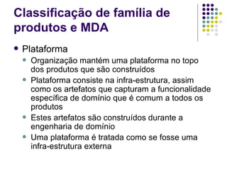 Classificação de família de produtos e MDA Plataforma Organização mantém uma plataforma no topo dos produtos que são construídos Plataforma consiste na infra-estrutura, assim como os artefatos que capturam a funcionalidade específica de domínio que é comum a todos os produtos Estes artefatos são construídos durante a engenharia de domínio Uma plataforma é tratada como se fosse uma infra-estrutura externa 