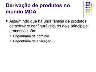 Derivação de produtos no mundo MDA Assumindo que há uma família de produtos de software configuráveis, os dois principais processos são: Engenharia de domínio Engenharia de aplicação 