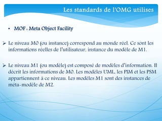  Le niveau M1 (ou modèle) est composé de modèles d’information. Il
décrit les informations de M0. Les modèles UML, les PIM et les PSM
appartiennent à ce niveau. Les modèles M1 sont des instances de
méta-modèle de M2.
 Le niveau M0 (ou instance) correspond au monde réel. Ce sont les
informations réelles de l’utilisateur, instance du modèle de M1.
• MOF : Meta Object Facility
Les standards de l'OMG utilises
 
