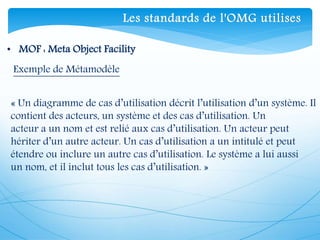 « Un diagramme de cas d’utilisation décrit l’utilisation d’un système. Il
contient des acteurs, un système et des cas d’utilisation. Un
acteur a un nom et est relié aux cas d’utilisation. Un acteur peut
hériter d’un autre acteur. Un cas d’utilisation a un intitulé et peut
étendre ou inclure un autre cas d’utilisation. Le système a lui aussi
un nom, et il inclut tous les cas d’utilisation. »
Exemple de Métamodèle
• MOF : Meta Object Facility
Les standards de l'OMG utilises
 