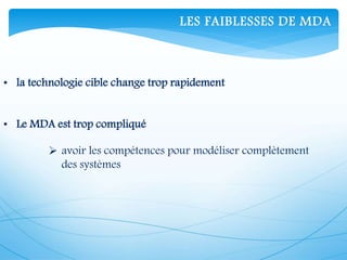 LES FAIBLESSES DE MDA
• la technologie cible change trop rapidement
• Le MDA est trop compliqué
 avoir les compétences pour modéliser complètement
des systèmes
 