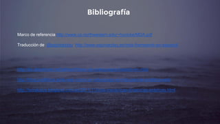 Bibliografía
http://es.slideshare.net/jalheart/diseo-de-videojuegos-basado-en-mda
http://blog.publilitica.es/la-web-como-un-videojuego-el-mda-para-la-analitica-web/
http://terraludus.blogspot.com.es/2011/11/mda-mecanicas-dinamicas-esteticas.html
Marco de referencia http://www.cs.northwestern.edu/~hunicke/MDA.pdf
Traducción de @espinarplay http://www.espinarplay.es/mda-framework-en-espanol/
 