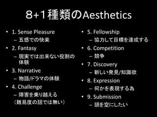 ８+１種類のAesthetics
• 1. Sense Pleasure
– 五感での快楽
• 2. Fantasy
– 現実では出来ない役割の
体験
• 3. Narrative
– 物語/ドラマの体験
• 4. Challenge
– 障害を乗り越える
（難易度の話では無い）
• 5. Fellowship
– 協力して目標を達成する
• 6. Competition
– 競争
• 7. Discovery
– 新しい発見/知識欲
• 8. Expression
– 何かを表現する為
• 9. Submission
– 頭を空にしたい
 