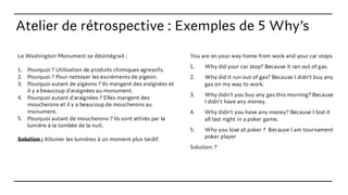 Atelier de rétrospective : Exemples de 5 Why’s
You are on your way home from work and your car stops
1. Why did your car stop? Because it ran out of gas.
2. Why did it run out of gas? Because I didn’t buy any
gas on my way to work.
3. Why didn’t you buy any gas this morning? Because
I didn’t have any money.
4. Why didn’t you have any money? Because I lost it
all last night in a poker game.
5. Why you lose at poker ? Because I am tournament
poker player
Solution: ?
Le Washington Monument se désintégrait :
1. Pourquoi ? Utilisation de produits chimiques agressifs.
2. Pourquoi ? Pour nettoyer les excréments de pigeon.
3. Pourquoi autant de pigeons ? Ils mangent des araignées et
il y a beaucoup d'araignées au monument.
4. Pourquoi autant d'araignées ? Elles mangent des
moucherons et il y a beaucoup de moucherons au
monument.
5. Pourquoi autant de moucherons ? Ils sont attirés par la
lumière à la tombée de la nuit.
Solution : Allumer les lumières à un moment plus tardif.
 