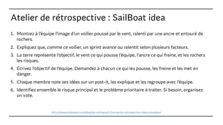 Atelier de rétrospective : SailBoat idea
1. Montrez à l’équipe l’image d’un voilier poussé par le vent, ralenti par une ancre et entouré de
rochers.
2. Expliquez que, comme ce voilier, un sprint avance ou ralentit selon plusieurs facteurs.
3. La terre représente l’objectif, le vent ce qui pousse l’équipe, l’ancre ce qui freine, et les rochers
les risques.
4. Écrivez l’objectif de l’équipe. Demandez à chacun ce qui les pousse, les freine et les met en
danger.
5. Chaque membre note ses idées sur un post-it, les explique et les regroupe avec l’équipe.
6. Identifiez ensemble le risque principal et le problème prioritaire à traiter. Si besoin, organisez
un vote.
https://www.atlassian.com/blog/jira-software/5-fun-sprint-retrospective-ideas-templates
 