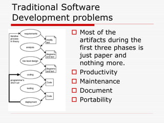 Traditional Software
Development problems
            Most of the
             artifacts during the
             first three phases is
             just paper and
             nothing more.
            Productivity
            Maintenance
            Document
            Portability
 
