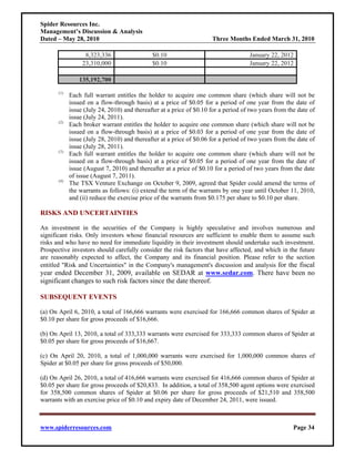 Spider Resources Inc.
Management’s Discussion & Analysis
Dated – May 28, 2010                                                  Three Months Ended March 31, 2010

                   8,323,336                  $0.10                                  January 22, 2012
                  23,310,000                  $0.10                                  January 22, 2012

                 135,192,700
       (1)
             Each full warrant entitles the holder to acquire one common share (which share will not be
             issued on a flow-through basis) at a price of $0.05 for a period of one year from the date of
             issue (July 24, 2010) and thereafter at a price of $0.10 for a period of two years from the date of
             issue (July 24, 2011).
       (2)
             Each broker warrant entitles the holder to acquire one common share (which share will not be
             issued on a flow-through basis) at a price of $0.03 for a period of one year from the date of
             issue (July 28, 2010) and thereafter at a price of $0.06 for a period of two years from the date of
             issue (July 28, 2011).
       (3)
             Each full warrant entitles the holder to acquire one common share (which share will not be
             issued on a flow-through basis) at a price of $0.05 for a period of one year from the date of
             issue (August 7, 2010) and thereafter at a price of $0.10 for a period of two years from the date
             of issue (August 7, 2011).
       (4)
             The TSX Venture Exchange on October 9, 2009, agreed that Spider could amend the terms of
             the warrants as follows: (i) extend the term of the warrants by one year until October 11, 2010,
             and (ii) reduce the exercise price of the warrants from $0.175 per share to $0.10 per share.

RISKS AND UNCERTAINTIES

An investment in the securities of the Company is highly speculative and involves numerous and
significant risks. Only investors whose financial resources are sufficient to enable them to assume such
risks and who have no need for immediate liquidity in their investment should undertake such investment.
Prospective investors should carefully consider the risk factors that have affected, and which in the future
are reasonably expected to affect, the Company and its financial position. Please refer to the section
entitled "Risk and Uncertainties" in the Company's management's discussion and analysis for the fiscal
year ended December 31, 2009, available on SEDAR at www.sedar.com. There have been no
significant changes to such risk factors since the date thereof.

SUBSEQUENT EVENTS

(a) On April 6, 2010, a total of 166,666 warrants were exercised for 166,666 common shares of Spider at
$0.10 per share for gross proceeds of $16,666.

(b) On April 13, 2010, a total of 333,333 warrants were exercised for 333,333 common shares of Spider at
$0.05 per share for gross proceeds of $16,667.

(c) On April 20, 2010, a total of 1,000,000 warrants were exercised for 1,000,000 common shares of
Spider at $0.05 per share for gross proceeds of $50,000.

(d) On April 26, 2010, a total of 416,666 warrants were exercised for 416,666 common shares of Spider at
$0.05 per share for gross proceeds of $20,833. In addition, a total of 358,500 agent options were exercised
for 358,500 common shares of Spider at $0.06 per share for gross proceeds of $21,510 and 358,500
warrants with an exercise price of $0.10 and expiry date of December 24, 2011, were issued.



www.spiderresources.com                                                                                Page 34
 