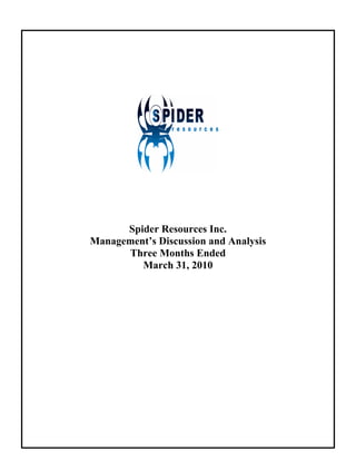 Spider Resources Inc.
    Management’s Discussion and Analysis
          Three Months Ended
             March 31, 2010




                    
 