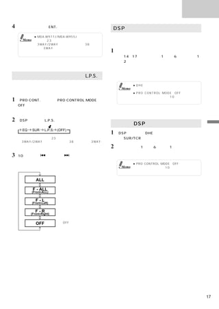サウンド

4   調整が終了したら「ENT.」を押して決定する。
                                                        DSP条件の記憶
             ● MDA-W977J/MDA-W955Jでディバイダーの              メーカー設定および自分で作った条件を記憶させることが
     Memo      調 整 （ 2 3 ペ ー ジ ） を し て い る 場 合、 ま た は   できます。
               3WAY/2WAY切りかえスイッチ（38ページ）
               を「3WAY」に設定した場合は、サラウンドレ
               ベル／タイムの調整をすることはできません。                    1   メーカー設定を選ぶか、または自分でカーブを作った
                                                            後（14∼17ページ参照）「1」∼「6」のいずれか1
                                                                        、
                                                            つを2秒以上押す。
                                                            これで選んだ条件が記憶される。
                                                            さらに記憶するには上記手順を繰り返す。
リスニングポジションの合わせかた（L.P.S.）
音場を聴きやすい位置に移動でき、どの座席からも自然な                                          ● DHE／イコライザー／リスニングポジション
広がりのあるサウンドが楽しめます。                                            Memo     の状態を記憶させることができます。
                                                                    ● PRO CONTROL MODEがOFF（インジケー
                                                                      ターが青色）のときは、10秒以内に操作を行
1 「PRO CONT.」を押してPRO CONTROL MODEを                                    ってください。
    OFFにする。
    インジケーターが青色になる。

2 「DSP」を押してL.P.S.モードを選ぶ。
               ※
                                                        記憶したDSP条件の呼び出し
                                                                                                         サ
     EQ     SUR      L.P.S. (OFF)                                                                        ウ
                                                        1 「DSP」
                                                              （または「DHE」
                                                                      ）を押して、いずれかのモー
                                                                                                         ン
    ※ ディバイダーの調整（23ページ）をしている場合、または                           ド（SUR/TCR以外）を選択する。                           ド
      3WAY/2WAY切りかえスイッチ（38ページ）を「3WAY」
      に設定した場合は、選択できません。
                                                                                                         調
                                                        2   呼び出したい「1」∼「6」のうち1つを押すと、記憶                    整
                                                            した条件を呼び出せる。
3   10秒以内に「 」または「                   」を押す。
    お好みの位置を選ぶ。
                                                                    ● PRO CONTROL MODEがOFF（インジケータ
                                                             Memo     ーが青色）のときは、10秒以内に操作を行って
                                                                      ください。

              ALL             全席


            F - ALL           前席
            (Front-ALL)

              F-L             前左席
            (Front-Left)

              F-R             前右席
          (Front-Right)


              OFF            （OFF）




                                                                                                    17
 