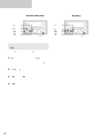 タイトル／テキスト


                        MDA-W977J/MDA-W955J                    MDA-W933J




          T.S.M. スイッチ                            T.S.M. スイッチ

          TITLE スイッチ
           DISP スイッチ                             TITLE スイッチ
                                                  DISP スイッチ
               スイッチ                                    スイッチ
               スイッチ                                   スイッチ
               スイッチ                                   スイッチ
                                     MUTE スイッチ                             MUTE スイッチ




      記憶したタイトルから選ぶ
     （CDチェンジャーのみ）
     記憶したCDタイトルから聴きたいCDチェンジャー内のデ
     ィスクを選び出すことができます。

     1   CDチェンジャーモードのときに、「TITLE」を押して、
         タイトル表示モードを選ぶ。
         詳しくは、「タイトル／テキストを表示する」  （24ペー
         ジ）を参照。

     2 「T.S.M.」を2秒以上押す。
         選択モードになり、タイトルが表示される。


     3「     」または「  」を押して、聴きたいディスク
         のタイトルを選ぶ。


     4「     」を押す。
         選択モードが解除され、聴きたいタイトルのディスク
         を演奏する。




26
 