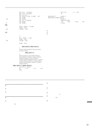 規格
チューナー部                                            一般
受信周波数       AM ; 522∼1,629kHz,                     使用電源           DC14.4V（動作範囲 ; 11∼16V）
            FM ; 76.0∼90.0MHz                      アース方式            アース
実用感度        AM ; 22.5μV,                           最大出力
            FM ; 0.8μV (75Ω）:9.3dBf（新IHF）         （MDA-W977J）     60W×4
ステレオセパレーション FM ; 45dB以上                           （MDA-W955J/MDA-W933J）
SN比         FM ; 80dB以上                                           45W×4
周波数特性       FM ; 30∼15,000Hz                       出力レベル          500mV/10kΩ
イメージ妨害比     FM ; 80dB以上                            外形寸法           178（幅）×100（高さ）×160（奥行）mm
IF妨害比       FM ; 80dB以上                            重量             2.5 kg
MD部
周波数特性          20Hz∼20kHz（±0.5dB）                 ドルビーラボラトリーズの米国及び外国特許に基づく許諾製品。
ダイナミックレンジ      90dB（1KHz）以上
SN比            105dB（1KHz）以上
ワウフラッター        測定限界以下                             ● 製品の規格および外観は、改良のため予告なく変更する場合があります。
CD部                                               ● 本説明書のイラストは、印刷条件により、印象が異なる場合があります。
方式         光学式（コンパクトディスク方式）                       ● 本書の一部または全部を無断で転載しないでください。
量子化ビット数    1ビット
チャンネル数     2チャンネル（ステレオ）
周波数特性      5Hz∼20kHz（±1dB）
ダイナミックレンジ  93dB（1kHz）以上
SN比        105dB（1kHz）以上
チャンネルセパレーション
           86dB（1kHz）以上
ワウフラッター    測定限界以下
グラフィックイコライザー部（MDA-W955J/MDA-W933Jのみ）
バンド数           7
イコライザー周波数      63Hz/160Hz/400Hz/1kHz/2.5kHz/
               6.3kHz/16kHz
パラメトリックイコライザー部（MDA-W977Jのみ）
バンド数           5
イコライザー周波数      20Hz/25Hz/31.5Hz/40Hz/50Hz/
               63Hz/80Hz/100Hz/125Hz/160Hz/
               200Hz/250Hz/315Hz/400Hz/
               500Hz/630Hz/800Hz/1kHz/1.25kHz/
               1.6kHz/2kHz/2.5kHz/3.15kHz/4kHz/
               5kHz/6.3kHz/8kHz/10kHz/12.5kHz/
               16kHz/20kHz
リモコン部（MDA-W977J/MDA-W955Jのみ）
使用電源           DC1.5V×2（UM-4）
外形寸法           42（幅）×121（高さ）×23（奥行）mm
重量             50g（電池は含まれない）




保証について
保証書について                                           ● 保証期間中の修理
                                                    保証書の記載内容に基づいて修理いたします。詳しくは、保証書
● この製品には保証書が添付されています。お買上げの際、お受け
                                                    をご覧ください。
  取りください。
                                                  ● 保証期間経過後の修理
● 必ず「販売店印・お買い上げ日」が記入されていることをご確認
                                                    修理によって機能が維持できる場合は、ご要望により有料で修理
  ください。
                                                    させていただきます。
● 保証書は再発行できませんので、大切に保管してください。
                                                  ● 補修用性能部品
                                                    製造打切り後、最低6年間保有しています。
アフターサービスについて                                      ● アフターサービスについての詳細、その他ご不明な点はお買い上
● 調子が悪いとき                                           げ店、または42ページの「お問い合わせ窓口」にお問い合わせ
  まず、この説明書をもう一度ご覧になってお調べください。                       ください。
● それでも調子が悪いとき                                     ● 一部の付属部品は補修部品も用意しています。部品を無くしたり
  保証書の記載内容に基づいて修理させていただきます。お買い上                     壊したりしたときは、お買い上げ店にお問い合わせください。
  げ店、または42ページの「お問い合わせ窓口」にあるお近くの                                                                   そ
  修理ご相談窓口に、修理を依頼してください。                                                                           の
                                                                                                  他




                                                                                             41
 